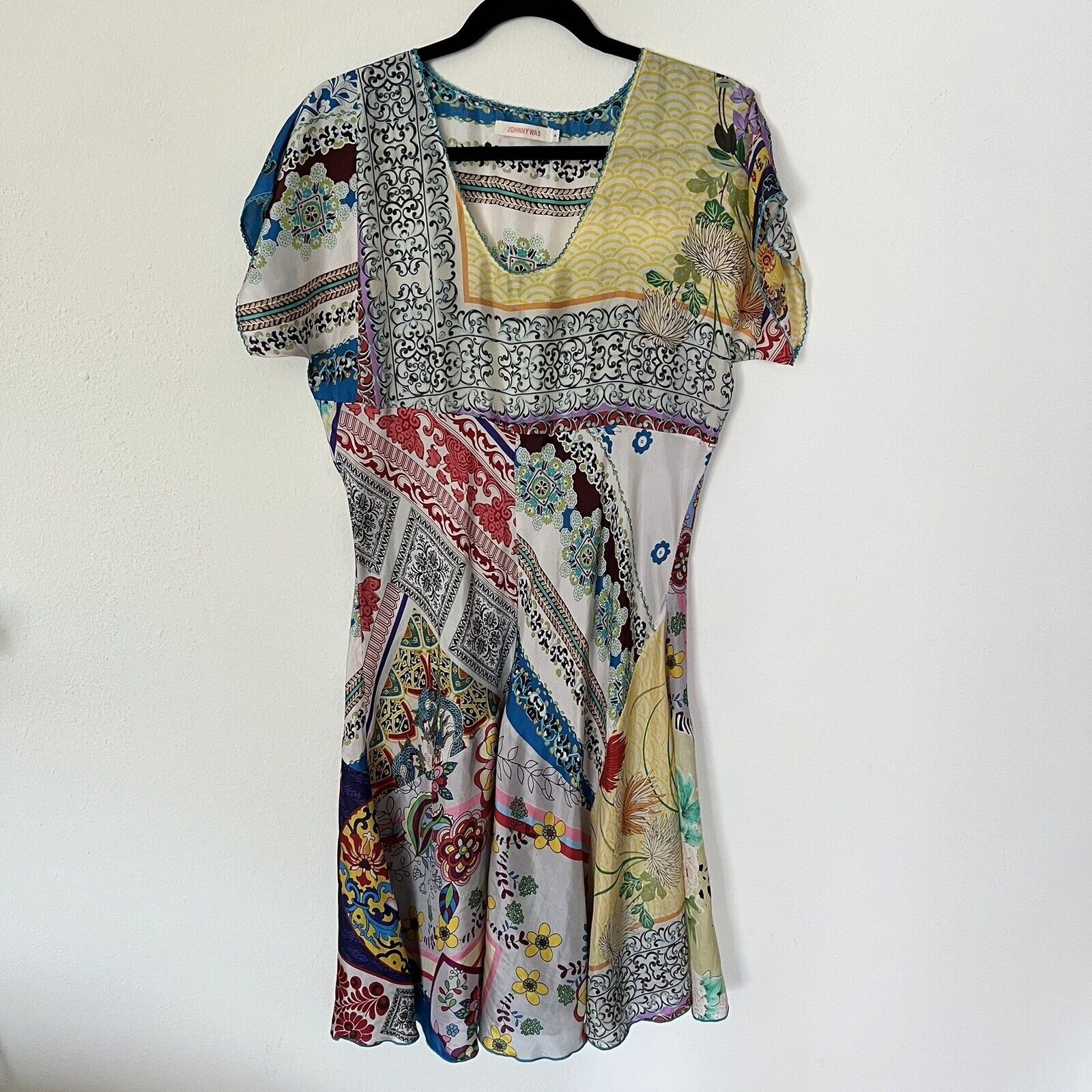 Johnny Was Floral Dress, 100% Silk, Dolman Sleeves, Embroidered V-Neck, Size S